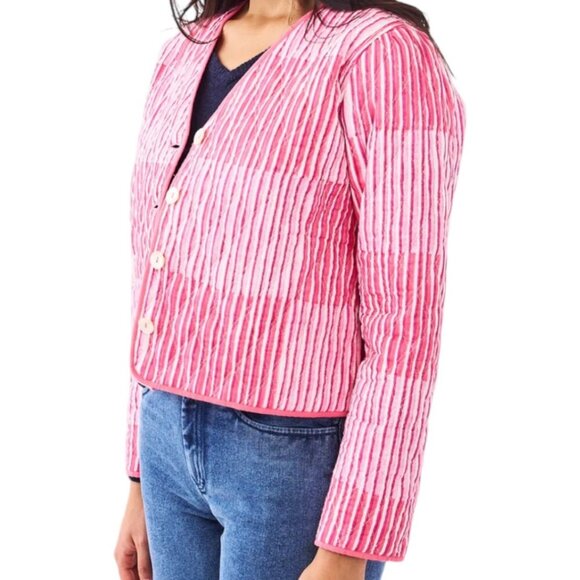 Roller Rabbit Checkboard Stripe Marni Pink Cropped Quilted Cotton Jacket L - Picture 2 of 16